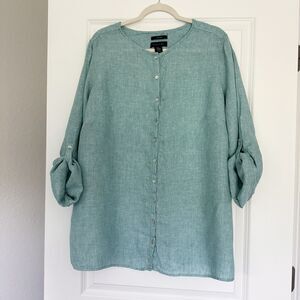Tahari 100% Linen Button Front Blouse 2X Teal Roll Tab Sleeve Lightweight Top
